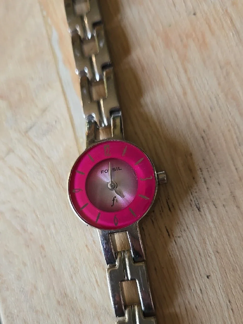 Fossil Silver Link Watch with Bright Pink Dial